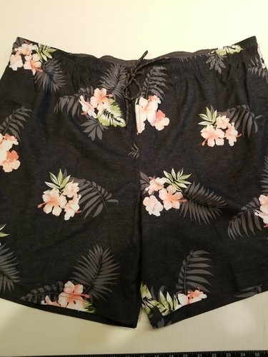 Mens Black Hawaiian Print Swimsuit Trunks Size 3XL 48/50 Beachy Coastal Vacation