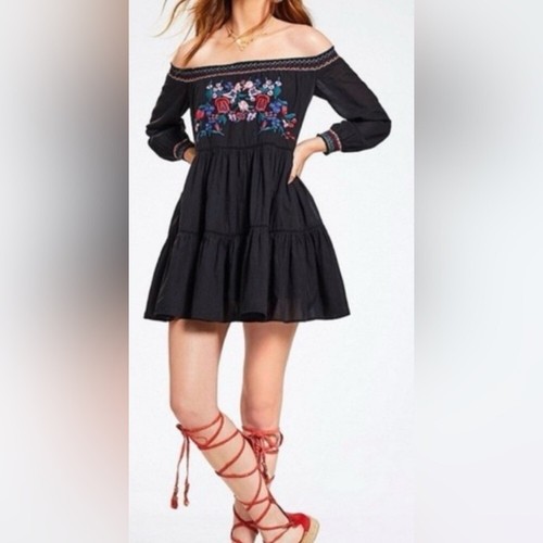 New Free People Sunbeams Black Long Sleeve Off Shoulder Embroidered Dress Size S - Picture 13 of 13