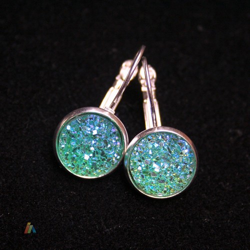 ORECCHINI STAMPATI ARGENTO 925 & CABOCHON DRUSO RESINA SCINTILLANTE 24X12mm LEVA POSTERIORE - Foto 2 di 10