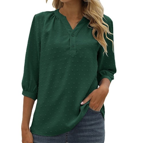 Womens Summer V Neck 3/4 Sleeve Blouses Swiss Dot Tunic Tops Casual Button Shirt - Bild 34 von 50