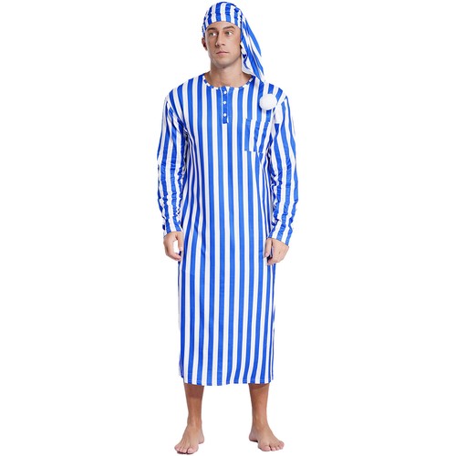 Mens Striped Sleep Robe Long Sleeve Robe Arabian Muslim Pajamas Nightwear Hat - Bild 13 von 83