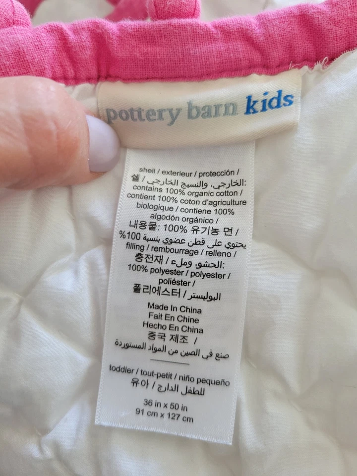 Edredón Pottery Barn Kids blanco algodón orgánico rosa borlas tamaño cuna niño niña Foto 4 de 4