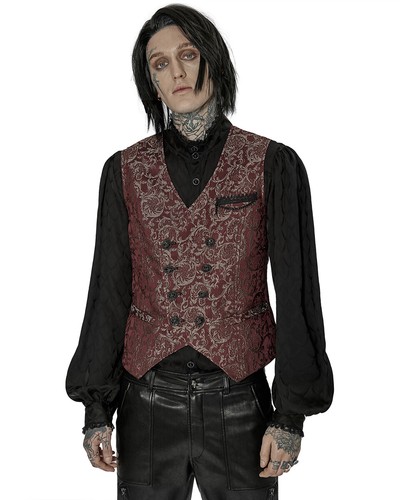 Punk Rave Mens Dark Gothic Aristocrat Chained Waistcoat Vest - Red Jacquard - Picture 8 of 13