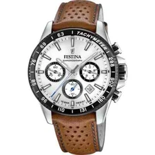 Festina Timeless F205611 Men Brown Leather Strap Silver Analog Dial Chrono Watch