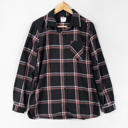 RVCA Damen Medium Hemd mit Knopfleiste schwarz rot kariert Baumwollmischung Langarm