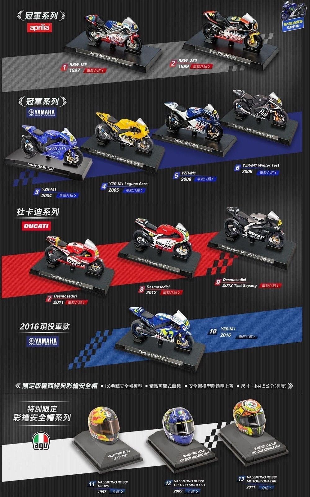 7-11 Valentino Rossi MotoGP World Champion 1 24 Motorcycle x10 1 8 Helmet x3 7-11 Valentino Rossi MotoGP World Champion 1 24 Motorcycle x10 1 8 Helmet x3