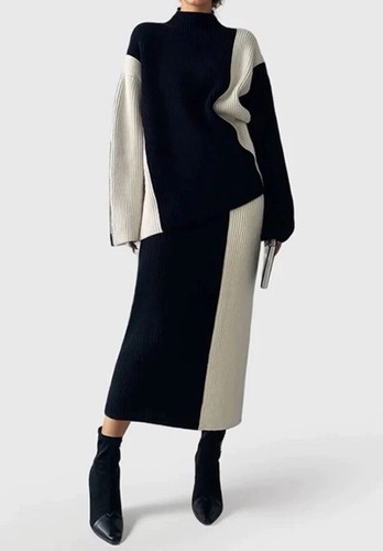 COMMENSE Miss Paris Stripe Two Piece Knit Skirt Set, Black White Size M - Picture 3 of 9