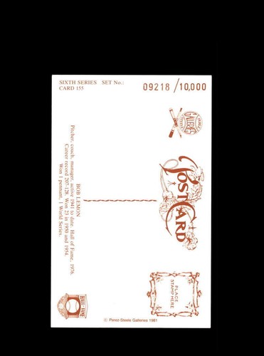 Bob Lemon Hand Signed Perez Steele Postcard Autograph - Picture 2 of 2