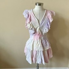 LoveShackFancy Gwen Cotton Multi Tie Dye Ruffle Mini Dress pastel 26150