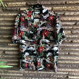 Kolekole-Vintage-Hawaiian-Barkcloth-Camp-Shirt-Woodys-Surfboard-Hibiscus-L