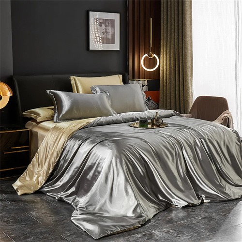 Silk Bedding Set with Duvet Cover Bed Sheet Pillowcases Luxury Satin Bedsheet - Bild 18 von 38