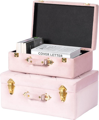 Set of 2 Decorative Tufted Velvet Suitcase Treasure Chest Pink