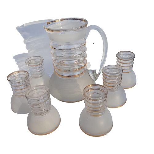 Vintage 1960s Mid Century Gold/White Jug Pitcher 6 x Glasses Collectable Retro