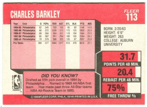 1989-90 Fleer #113 Charles Barkley Philadelphia 76ers - Foto 2 di 2