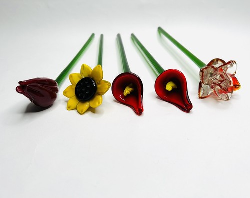 Flower Art Glass Hand Blown 12” Tulip Rose Sunflower Carnation - Picture 3 of 9
