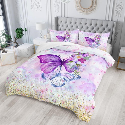 Violet Butterfly Comforter Set Queen Size 3 Pieces Bedding Set for Kids Teen ... - Picture 2 of 7