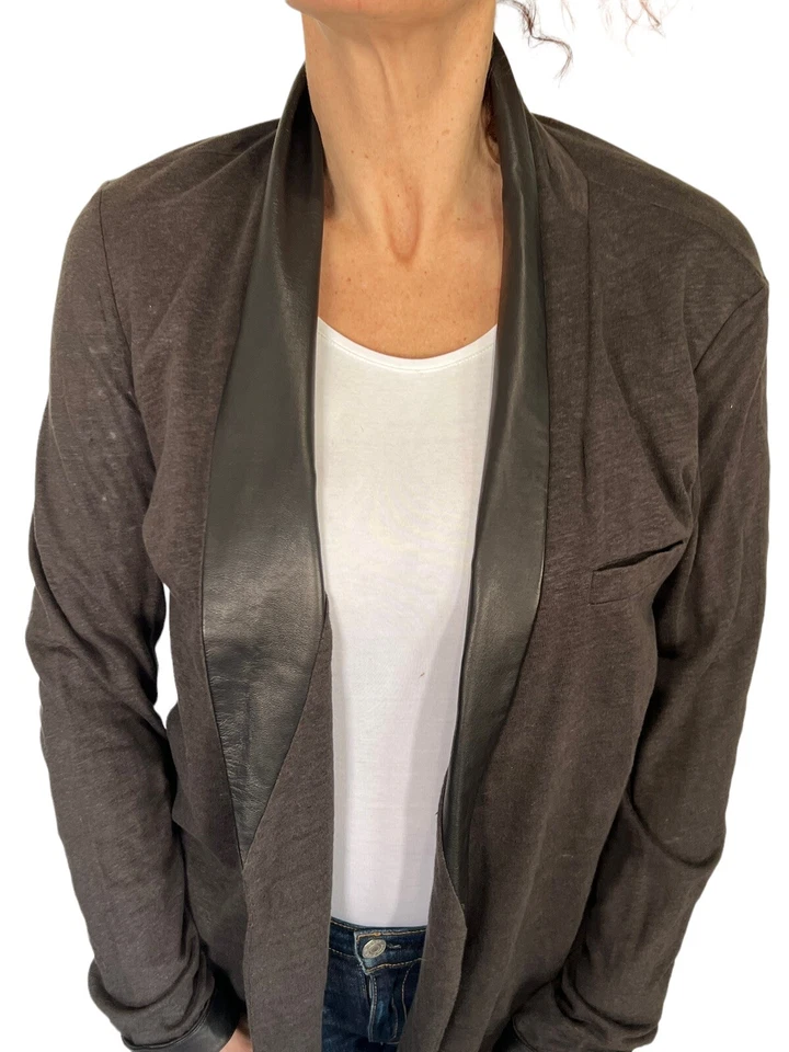 MAJESTIC FILATURES MARRÓN LINO CUERO GENUINO RIBETE ABIERTO CÁRDIGAN SUÉTER 3 L Foto 4 de 4