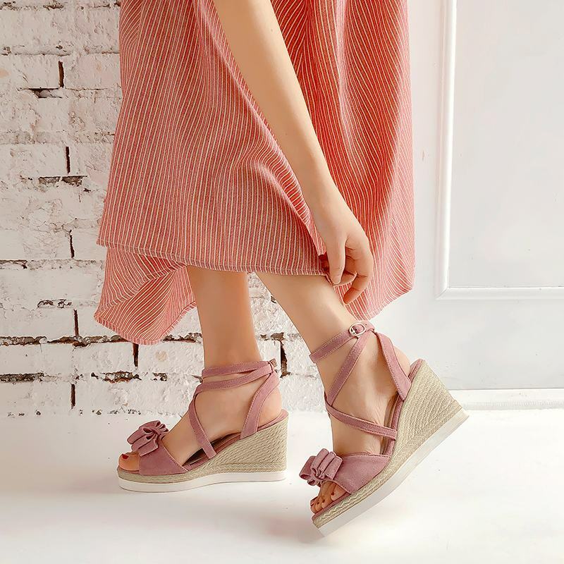 Fashion Ladies Sandals Faux Suede Cross Buckle Strap Bowknots Wedge Heels shoes Fashion Ladies Sandals Faux Suede Cross Buckle Strap Bowknots Wedge Heels shoes