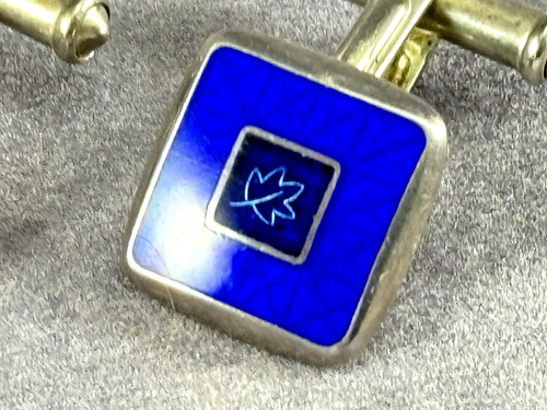FR Sterling Silver and Enamel Cufflinks Cobalt Blue Leaf Design London Hallmarks - Picture 2 of 9