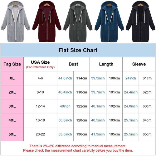 Women Plus Size Winter Zipper Hoodie Sweater Hooded Long Jacket Sweatshirt Coat - Picture 5 of 17