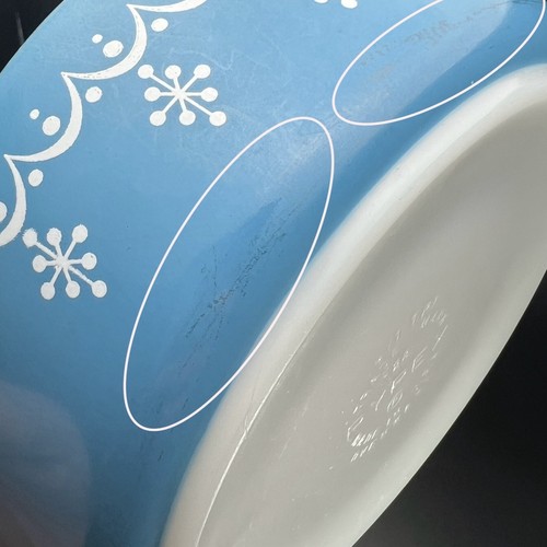 Piatto casseruola vintage Pyrex 1 pinta ghirlanda fiocco di neve blu 471 con coperchio originale 470 C - Foto 10 di 12