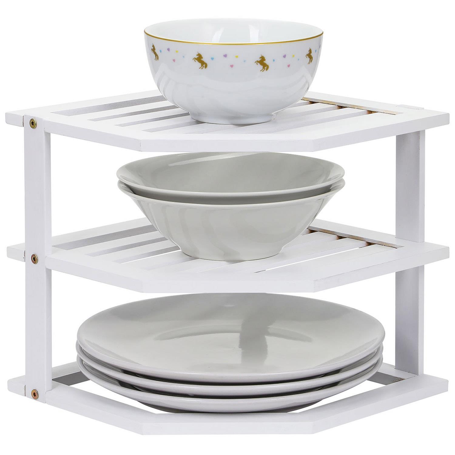 3 Tier Bamboo White Corner Kitchen Plate Rack Cupboard Shelf Insert Organiser