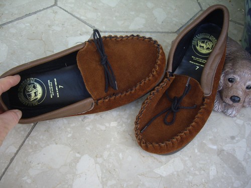 REAL LEATHER MOCCASIN BROWN SUEDE & LEATHER SLIPPERS OR SHOES MADE ENGLAND ~ 7