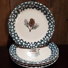 Set 4 TIENSHAN Folk Craft Pine Cone Salad Plates 7.5" Sponge Ware Pottery Cabin