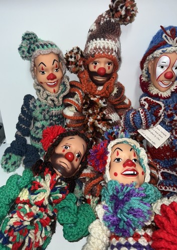 Vintage gehäkelter Körper Clown Puppen bunt kitschig Garn Glocken Handarbeit 12" Lot - Bild 5 von 23