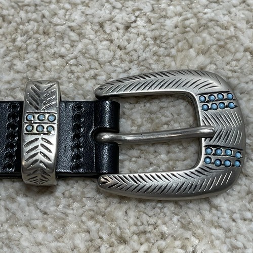Albatros Women Black Leather Belt With Decorative Blue Stones Size Large - Picture 3 of 9