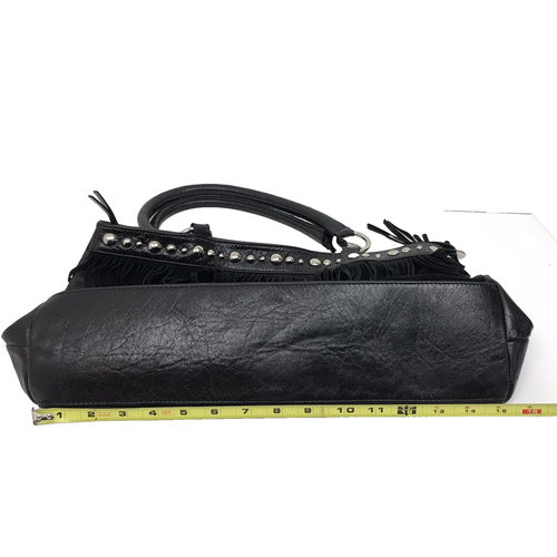 Innue Black Suede Hobo Shoulder Bag Italian Leather Fringe Studded Boho Zipper - Picture 14 of 15