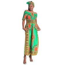 African Women's Dashiki Smocking Short Sleeve Maxi Dress -- FI-5007