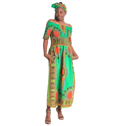African Women's Dashiki Smocking Short Sleeve Maxi Dress -- FI-5007 - Picture 1 of 20