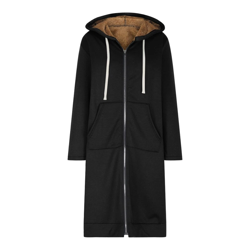 Giacca lunga donna felpa foderata calda pile maglione cappotto felpa con cappuccio - Immagine 4 di 4