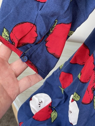 ModCloth Teacher Dress Large Red Apple Blue Lined Fruit Fit Flare Rayon - Picture 12 of 16