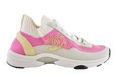 Chanel 20S White Pink Knit Suede CC Logo Lace Up Flat Runner Trainer Sneaker 37