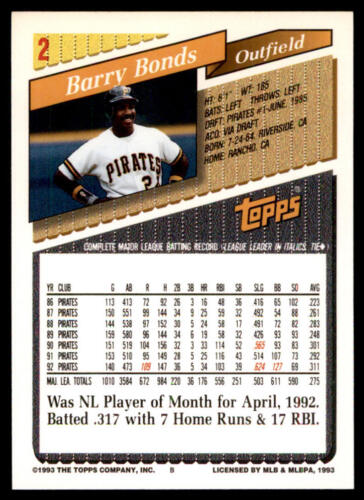 1993 Topps #2 Barry Bonds Inaugural Rockies - Picture 2 of 2