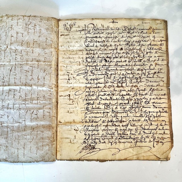 C. 1634 Multi Page Europe Manuscript Bound In 11-14th Century Medieval Document C. 1634 Multi Page Europe Manuscript Bound In 11-14th Century Medieval Document