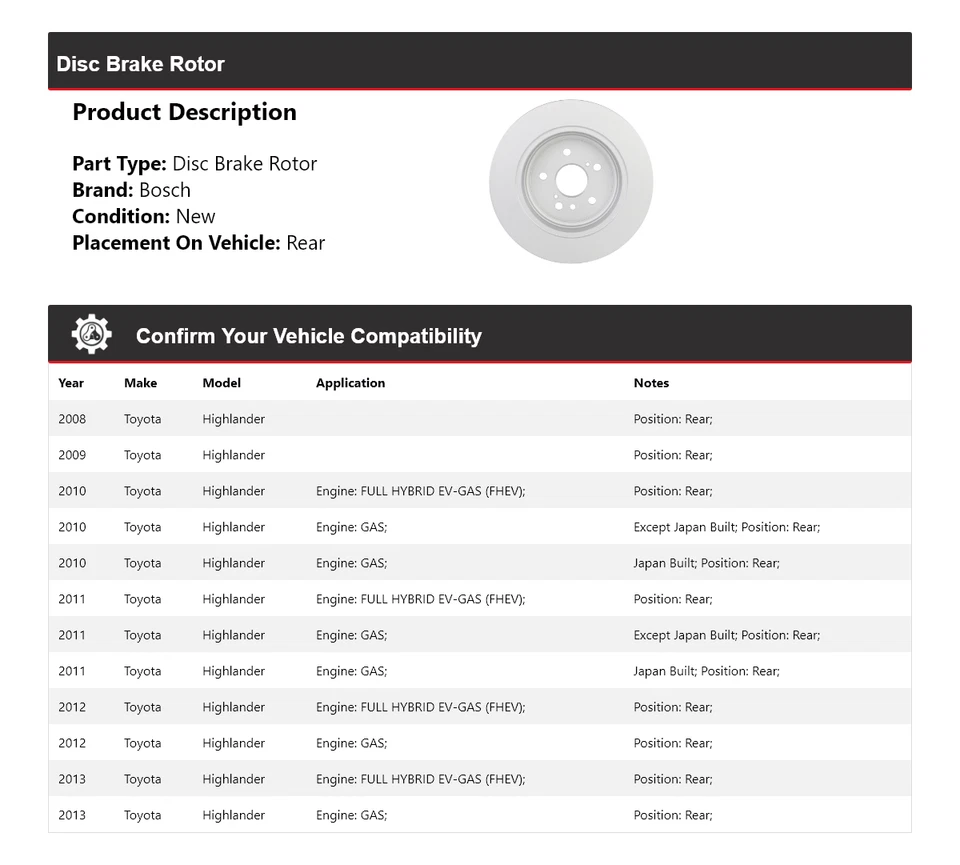 For 2008-2013 Toyota Highlander Bosch QuietCast Disc Brake Rotor Rear 2009 2010 - Image 2 of 4