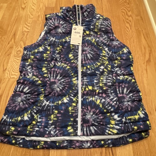New LANDS' END Kids Navy Down Filled Puffer Vest Girl's Size M 10-12 Tie Dye