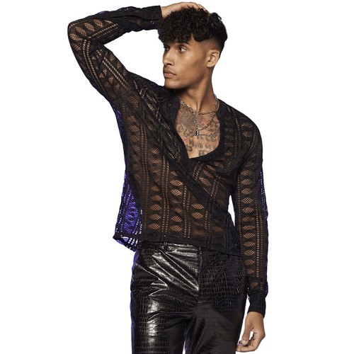 Men's V-Neck Lace Long Sleeved T-Shirt with Transparent Mesh Elastic Shirt Base - Picture 4 of 7