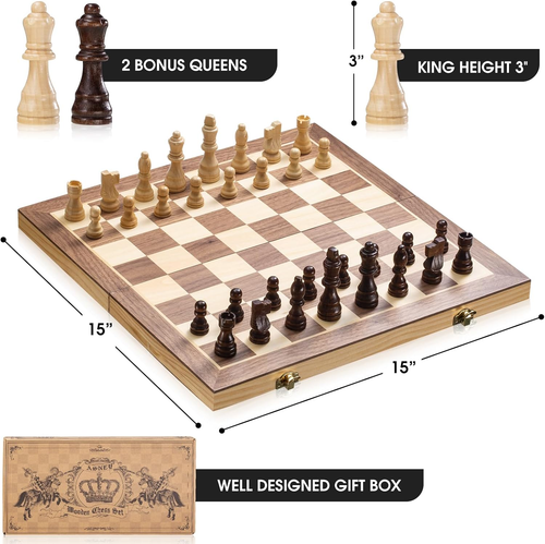 Magnetic Wooden Chess Set 15" Foldable Board Game for Adults Kids w/ Storage - Picture 4 of 12