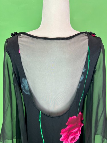 Glamorous Vintage Black Roses Maxi Dress with Chiffon Angel Sleeves - Size M/L - Picture 8 of 11