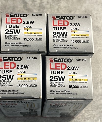 4 Pk Satco S21340 LED Filament Tube 120V 2.8W =25W T6 Candelabra Warm White - Picture 5 of 5