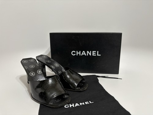 Vtg Chanel Black Leather CC Logo Sandal Heels 36 - Picture 2 of 10