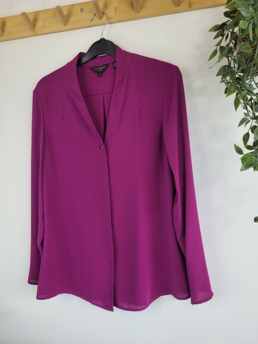 TED BAKER fuchsia V neck zip long sleeve pleat dress shirt blouse Size 2/Uk 10 - Picture 2 of 10