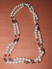 24" DUAL STRAND FAUX PEARL AB RHINESTONE BEADED NECKLACE VINTAGE MID-CENTURY