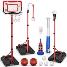 4 in 1 Kids Basketball Hoop and T Ball Set Adjustable