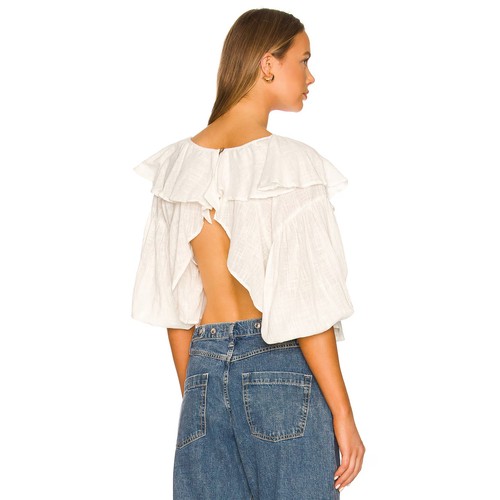 Free People – Zuri White Gauze Open Back Ruffle Puff Sleeve Crop Blouse Size XS - Picture 2 of 14