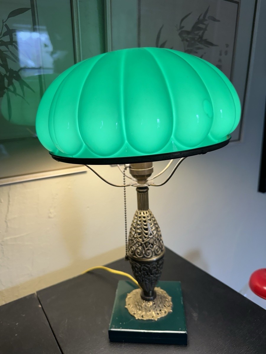 Antique 1910s Green Cased Glass Mushroom Dome Table Lamp Emeralite Style  Shade